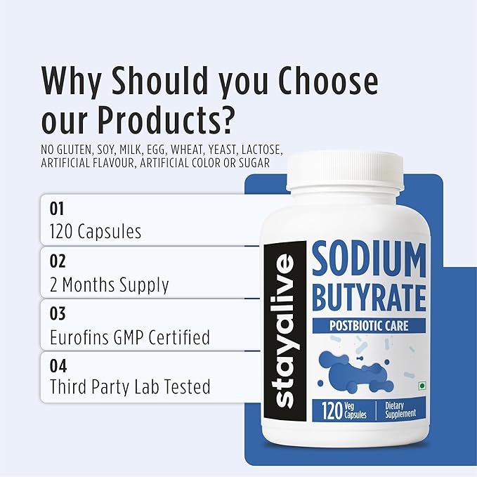 STAY ALIVE Sodium Butyrate Supplement 1200mg Pure Butyric Acid Postbiotic 120 Count 2 Month Supply Non-GMO and Gluten-Free Butyrate Powder Capsules