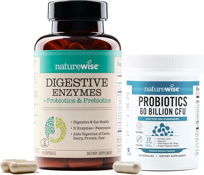 NatureWise [1 Digestive Enzymes + Probiotics &amp Prebiotics - 60 Capsules[30-Day Supply] + [1] Probiotics 60 Billion CFU + Organic Prebiotics - 30 Capsules[1-Month Supply]
