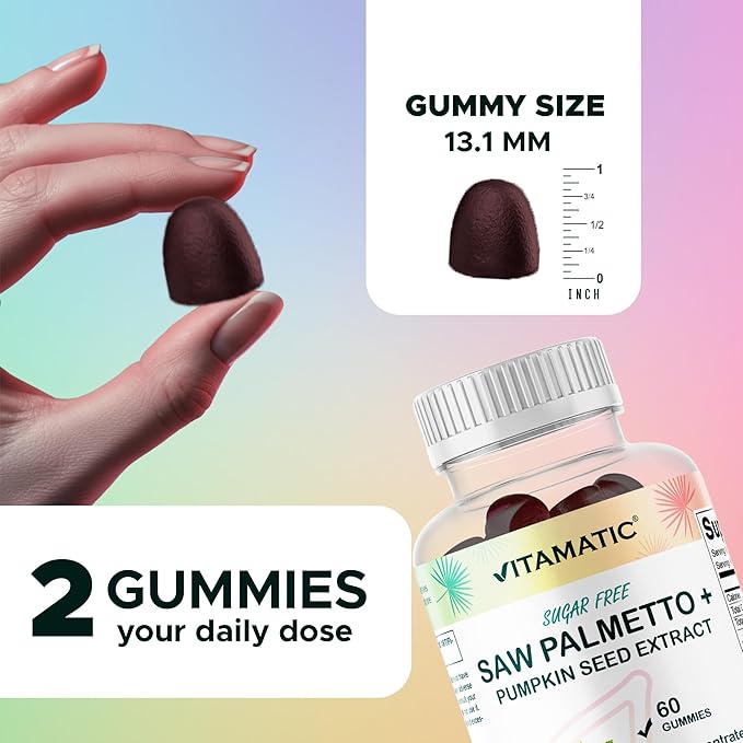 Vitamatic Pumpkin Seed &amp Saw Palmetto Gummies – Sugar-Free Botanical Extract – Natural Raspberry Flavor – Vegan Non-GMO Plant-Based Gummies – 60 Count - 2 Pack (120 Count)