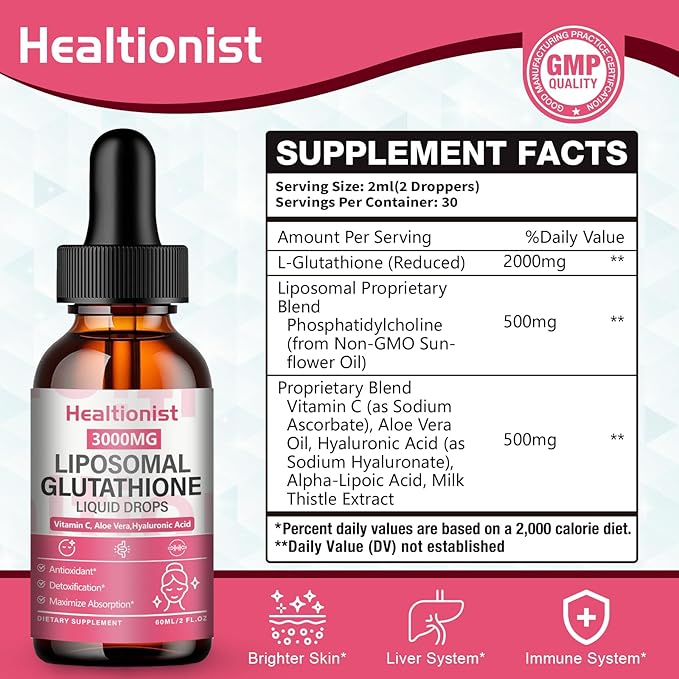 2 Pack 3000mg Liposomal Glutathione Liquid Drops with Vitamin C 98% Absorption Glutathione Liposomal Supplement Powerful Antioxidant Complex for Immune System Liver 4 Fl Oz per Bottle
