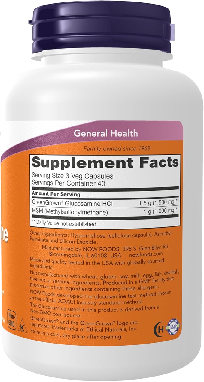 NOW Foods Supplements Glucosamine &amp MSM (GreenGrown® Glucosamine) Vegetarian 120 Veg Capsules