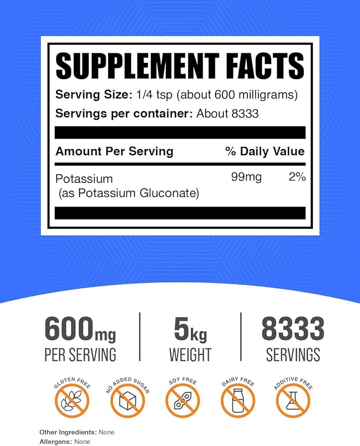 BulkSupplements.com Potassium Gluconate Powder - Potassium Supplement Mineral Supplement - Gluten Free 600mg per Serving 5kg (11 lbs) (Pack of 5)