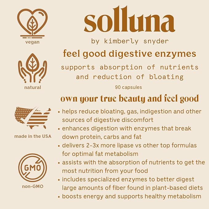 Solluna by Kimberly Snyder Digestive Enzymes Lipase Amylase Protease Alpha-Galactosidase Cellulase for Digestive Health Nutrient Absorption Stomach Pain Gas &amp Bloating (90CT) Vegan &amp No