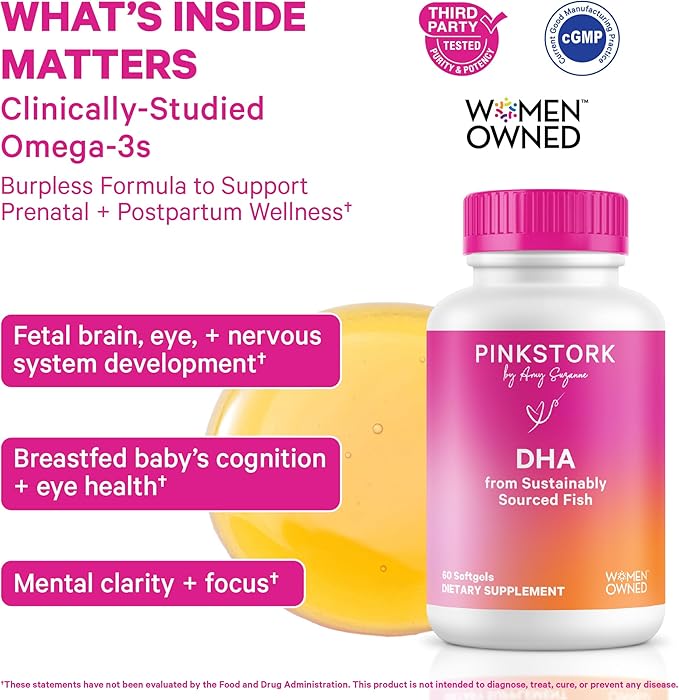 Pink Stork Omega-3 DHA - 540 mg Fish Oil Supplements with DHA and EPA Prenatal and Postpartum Essentials for Cognitive Health + Fetal Development - 60 Softgels - Packaging May Vary