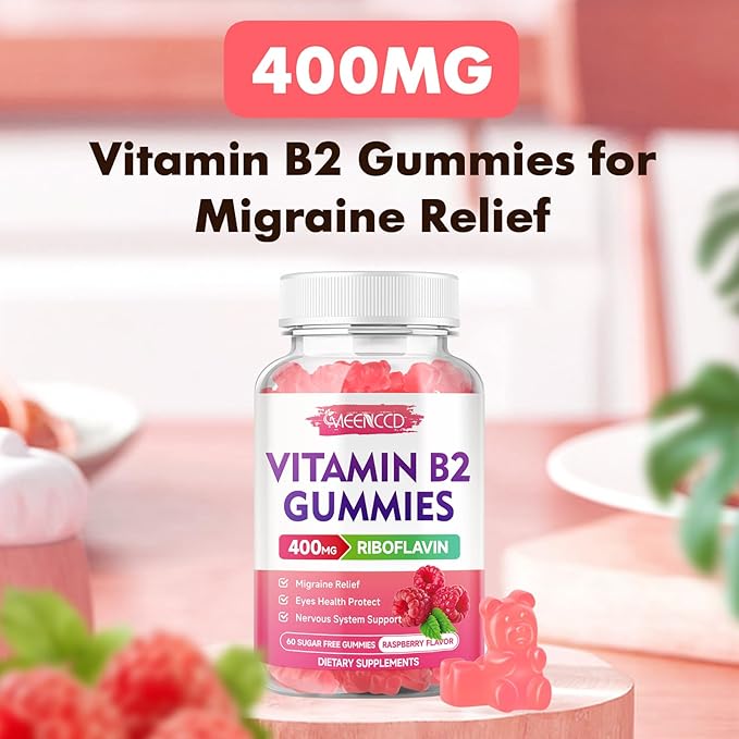 MEENCCD Vitamin B2 Gummies Riboflavin 400mg Supplement with Magnesium for Kids &amp Adults B2 Gummies for Migraine Relief &amp Nervous System Support Vegan Sugar-Free Raspberry Flavor 60 Count