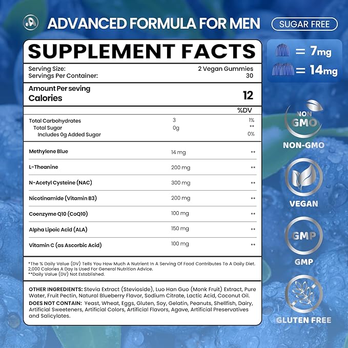 Aube'Azur Methylene Blue Gummies for Humans 14mg Methylene Blue Supplement with L-Theanine NAC Nicotinamide &amp CoQ10 for Men Women Fast-Absorbing Vegan Sugar-Free Blueberry Flavor 60 Count
