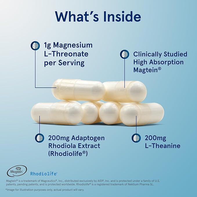 Jarrow Formulas Magnesium L-Threonate MagMind Stress Resistance with L-Theanine and Rhodiolife High Absorption Magnesium Stress Relief and Mood Support 60 Veggie Capsules Up to a 30 Day Supply