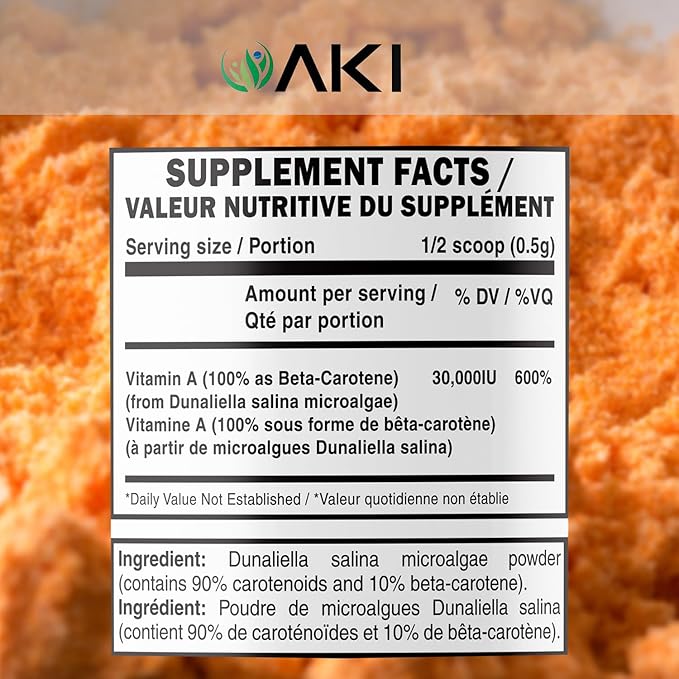 AKI Beta Carotene 10% Powder (1.5oz/42.52g) Highly Concentrated flavouring Fount of Vitamin A May Helps to Support Body Functions Skin Immune System and Eye - GMO Free &amp Vegan Friendly