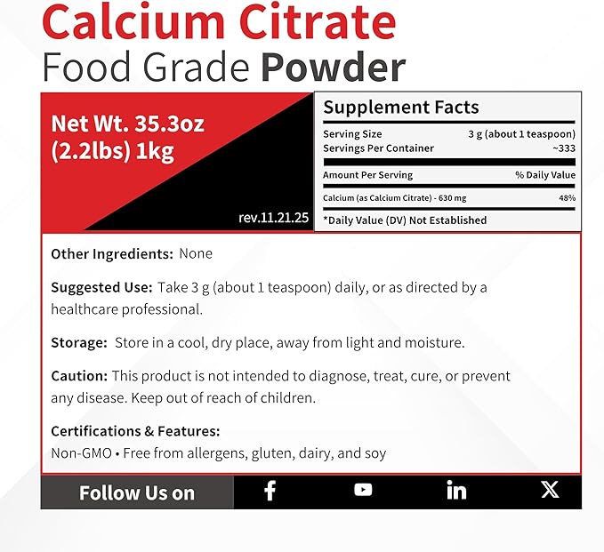 Calcium Citrate Powder USP - 1 kg (2.2 lb) - Pure Vitamin Supplement Ingredient &amp Natural Antacid - Anticaking Agent Tablet Capsule Excipient