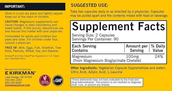 Kirkman - Magnesium Bisglycinate Buffered Chelate - 180 Capsules - Relaxes Nerves &amp Muscles - Promotes Restful Sleep - Hypoallergenic