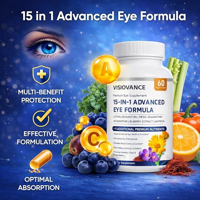 15 in 1 Advanced Eye Formula - Carotenoids Lutein Zeaxanthin &amp Antioxidant Blend Daily Visual Support Formula for Screen Use &amp Overall Eye Wellness – 60 Capsules