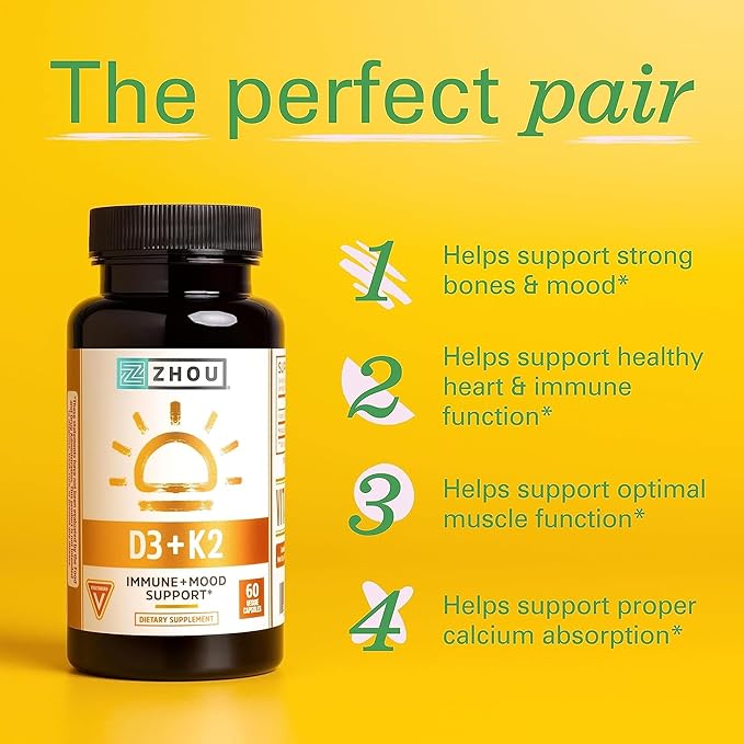 Zhou D3 + K2 &amp Thyroid Support - Vitamin D3 K2 Supplement for Women &amp Men with 5000 IU of Vit D &amp MK-7 Thyroid Supplement with Zinc Iodine &amp Selenium Metabolic Health - 60 Capsules