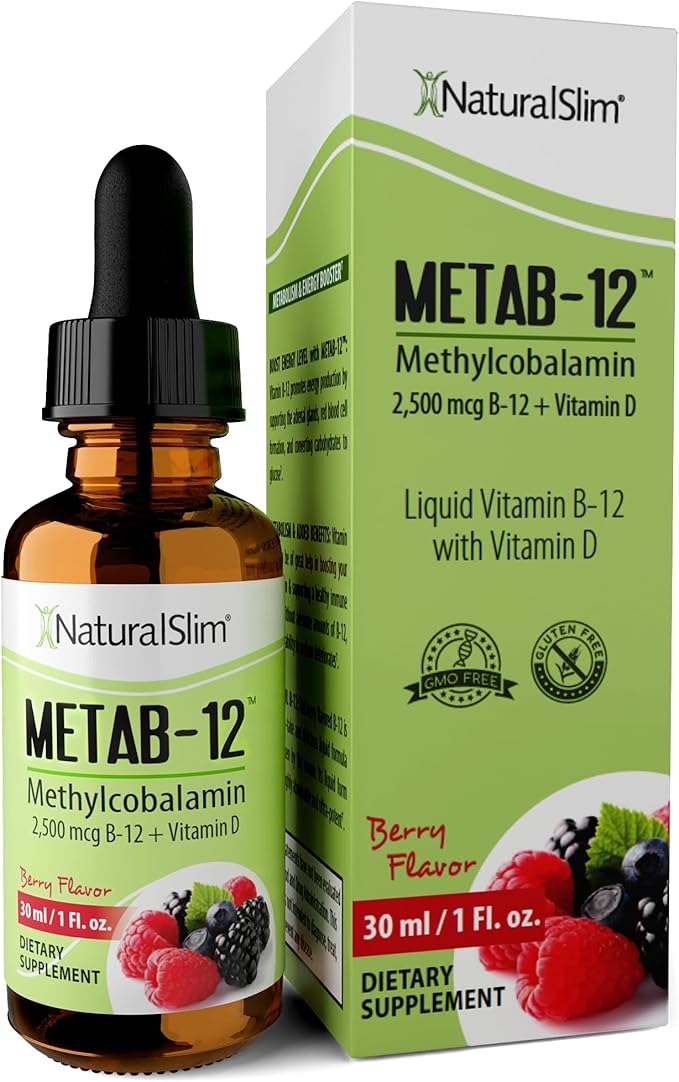 NaturalSlim Liquid B12 Vitamins with Vitamin D - Metab-12 Methylcobalamin 2500 mcg B12 Sublingual Drops for Metabolism Energy &amp Immune Support - Berry Flavor 1 fl oz