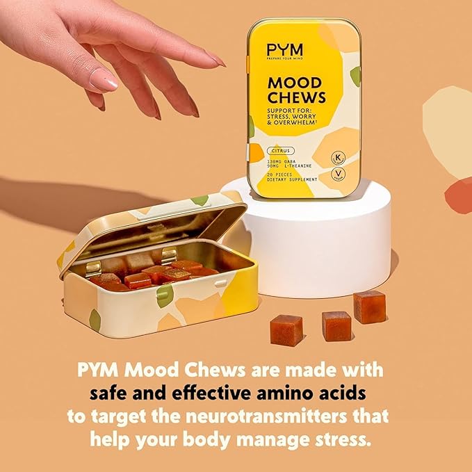 PYM Citrus Mood Chews Support for Stress Worry &amp Overwhelm 60 Count | 130mg GABA 90mg L-Theanine | Vegan Non-GMO Gluten-Free No Added Sugar | All-Natural Mood Balance Supplement Made in USA