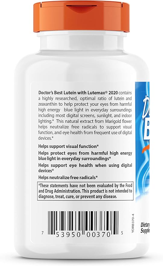 Doctor's Best Lutein Supplement 20mg with Zeaxanthin - Lutein for Eyes Eye Health Vitamins for Men &amp Women Vision and Macular Health Support Lutemax 2020 Marigold Flower Extract - 180 Softgels