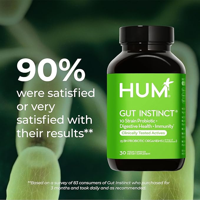 HUM Gut Instinct Daily Probiotics for Women and Men Digestive Health Lactobacillus Bifidobacterium Strains for Immune Support Probiotic Supplement for Healthy Gut Diversity 30 Capsules