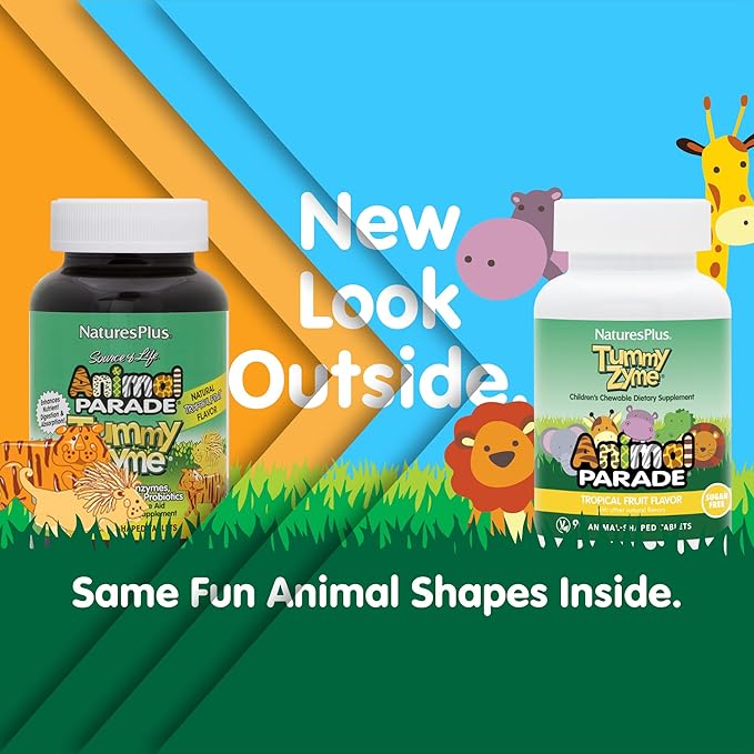 NaturesPlus Animal Parade Tummy Zyme Children’s Chewable Tropical Fruit Flavor - 90 Animal-Shaped Tablets - Contains Live Probiotics - Vegetarian Gluten Free Sugar Free - 90 Servings