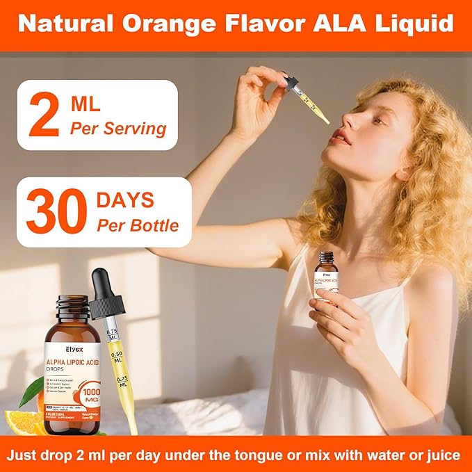 Alpha Lipoic Acid Liquid Drops 1000mg ALA Supplement for Nerve and Antioxidant Support with Biotin Natural Orange Flavor 2FL OZ