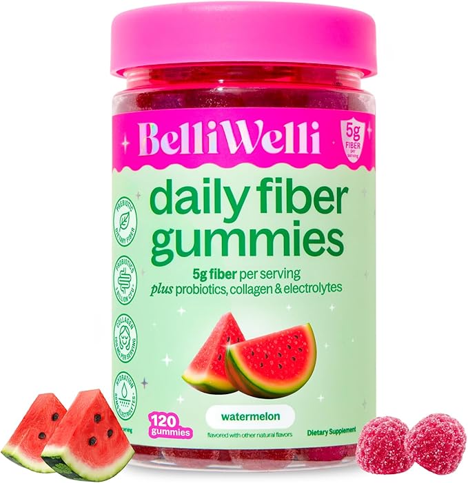 Belli Welli Fiber 4-in-1 Fiber Gummies Supplement with Added Probiotics Collagen and Electrolytes for Regularity and Bloat Relief Watermelon 120 Count