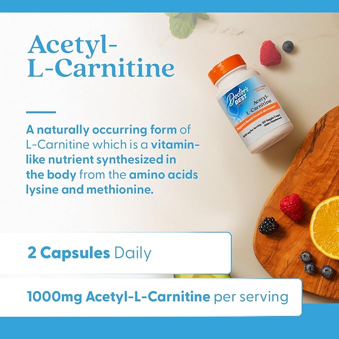 Doctors Best Acetyl-L-Carnitine 1000 mg Per Serving - Acetyl L Carnitine Supplement for Men &amp Women Supports Brain &amp Nerve Cell Function Mental Focus Helps Generate Cellular Energy - 120 Ve