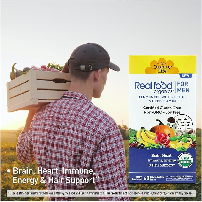 Country Life RealFood Organics for Men – 60 Tablets | 1300mg Organic Fermented Whole Foods 7-Mushroom Superfood &amp Aloe – Certified Gluten-Free Vegan &amp USDA Organic Multivitamin