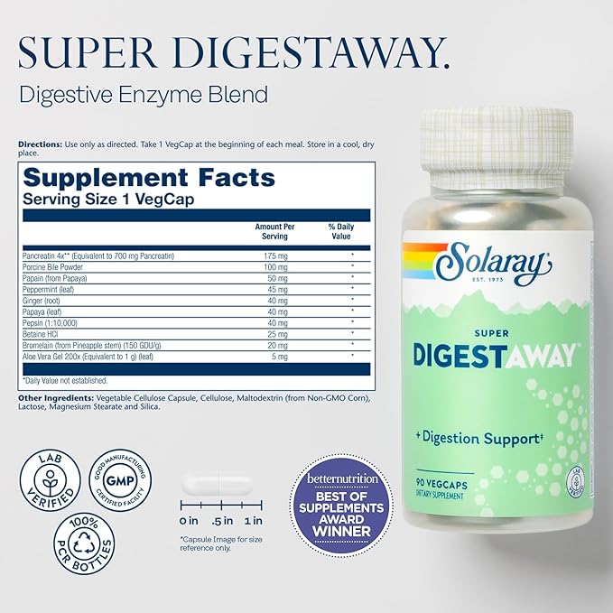 SOLARAY Bean Enzyme and Super Digestaway - Digestive Enzymes Bundle - Alpha Galactosidase Papain Ginger Pepsin Betaine HCl Aloe Vera and More - Digestion and Nutrient Absorption Support 60/90ct