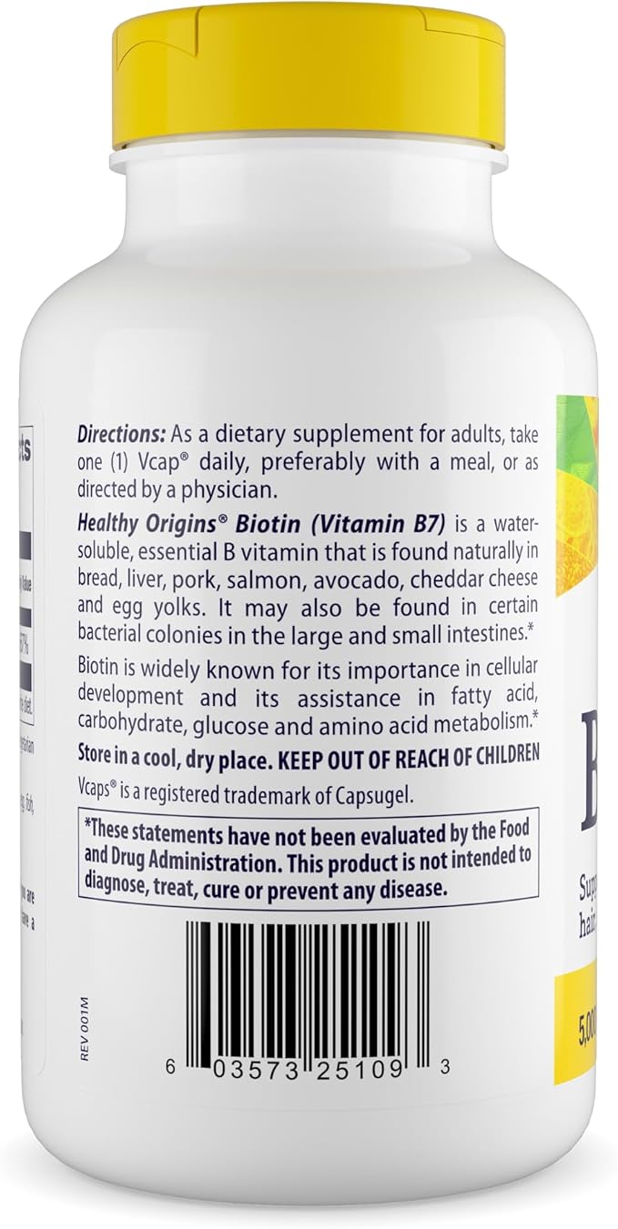 Healthy Origins Biotin 5000 mcg (5 mg) 360 Veggie Capsules - High Potency USP Grade Vitamin B7 Supplement - Supports Healthy Hair Growth Strong Nails &amp Glowing Skin - Non-GMO Vegan &amp Glute