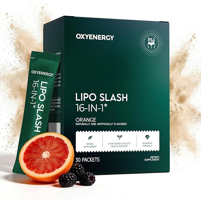 OxyEnergy LIPO Slash 16-in-1 Natural Weight Loss Supplement for Women and Men Supports Gut Health GLP-1 Activate &amp Weight Management Vegan Gluten-Free Non-GMO 30 Packets Orange Flavor