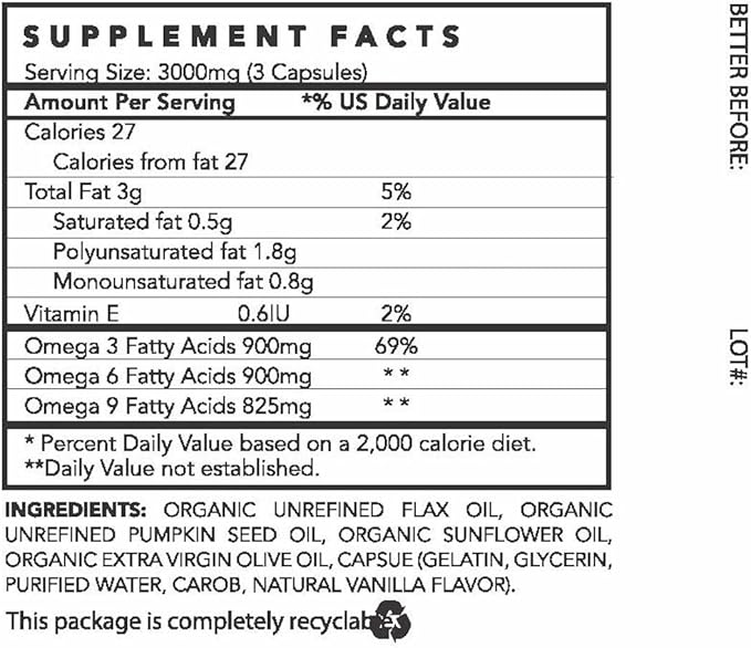 East West Essentials Optimal Fatty Acid Blend 100% Certified Organic Plant Based Omega 3-6-9