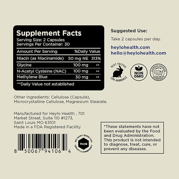Heylo Methylene Blue Capsules - Pharmaceutical USP Grade Quality | Third Party Tested | Boosts Memory Focus Clarity Energy | Supports Cellular &amp Mitochondrial Function Made in USA 30mg