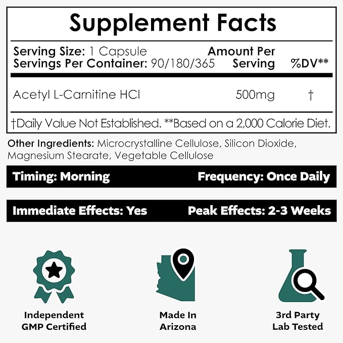 Nootropics Depot Acetyl L-Carnitine Capsules | 500mg | 90 Count | HCL Form | Energy Supplement | Supports Mitochondrial Function | ALCAR HCL