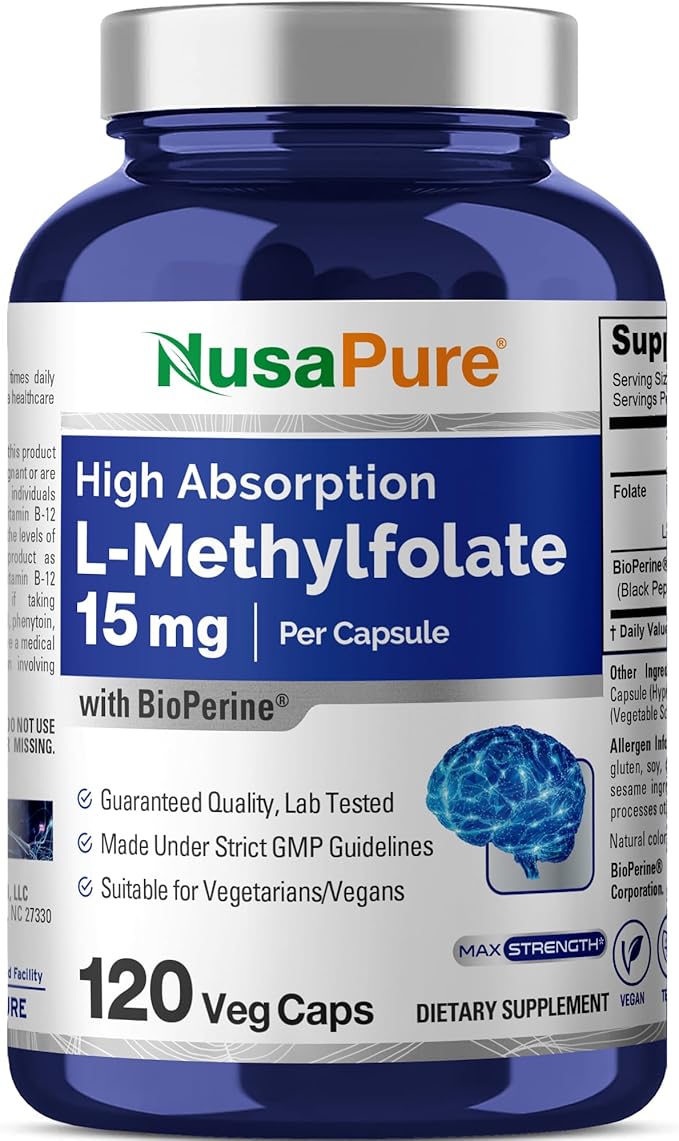 NusaPure L Methylfolate 15mg 120 Veggie Capsules Bioperine &amp Vegan