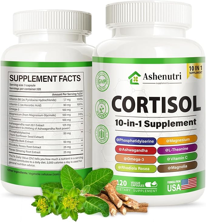 Ashenutri 10-in-1 Cortisol Supplement with MagnesiumAshwagandhaRhodiola RoseaL TheanineHormone Balance for Women 120 Vegan Capsules