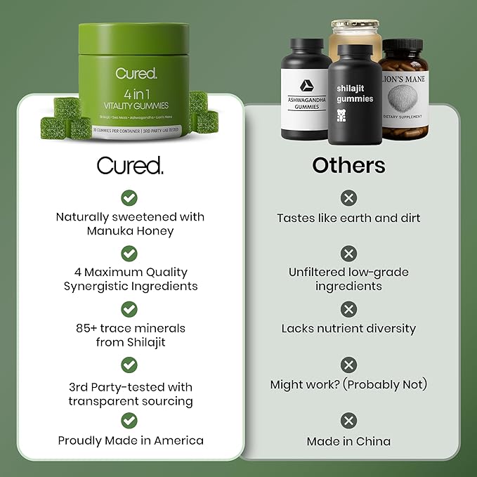 Cured 4 in 1 Gummies for Vitality with Pure Himalayan Shilajit for Men &amp Women Lions Mane Mushroom and Sea Moss Ashwagandha Supplements | Vegan &amp Non-GMO Neuropathy Supplements | Made in Ame