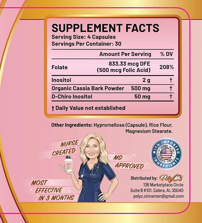 POLYC'S Inositol Supplement for Women - Myo-Inositol &amp D-Chiro Inositol Capsules 40:1 Ratio Hormone Balance Aid and Women's Menstrual Health Ovarian &amp Ovulation Support Vegan 120 Capsules