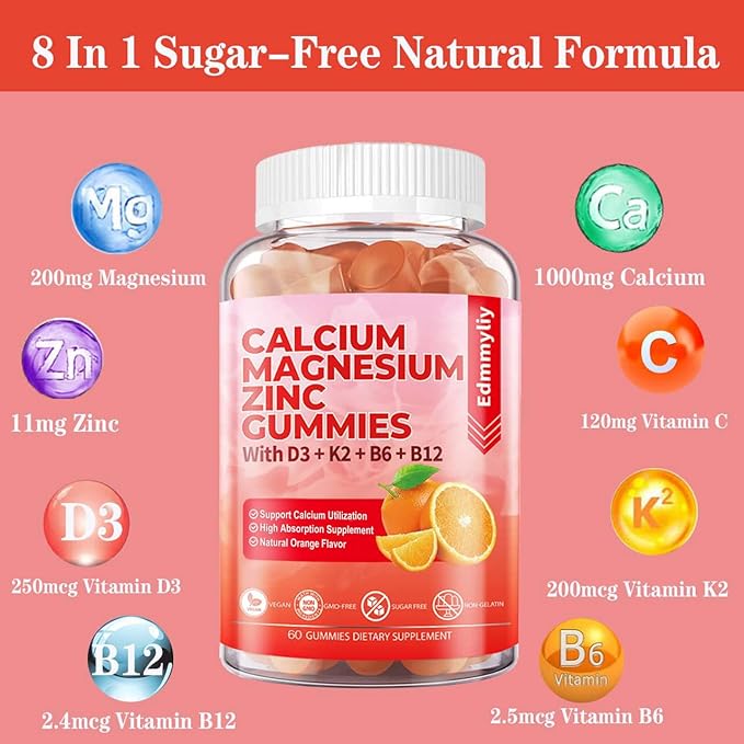 Sugar Free Calcium Magnesium Zinc Supplement Gummies with Vitamin D3 &amp B12 for Women and Men High Absorption Calcium Magnesium Supplement for Immune Support (120 Counts)