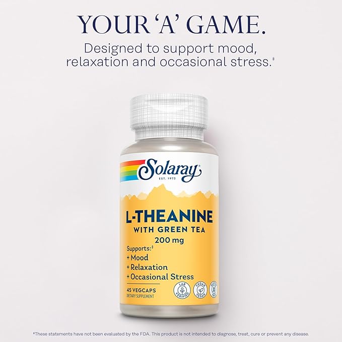 SOLARAY L-Theanine 200mg with Green Tea - Healthy Mood Relaxation and Occasional Stress Support - Lab Verified Vegan Gluten Free - 45 Servings 45 VegCaps