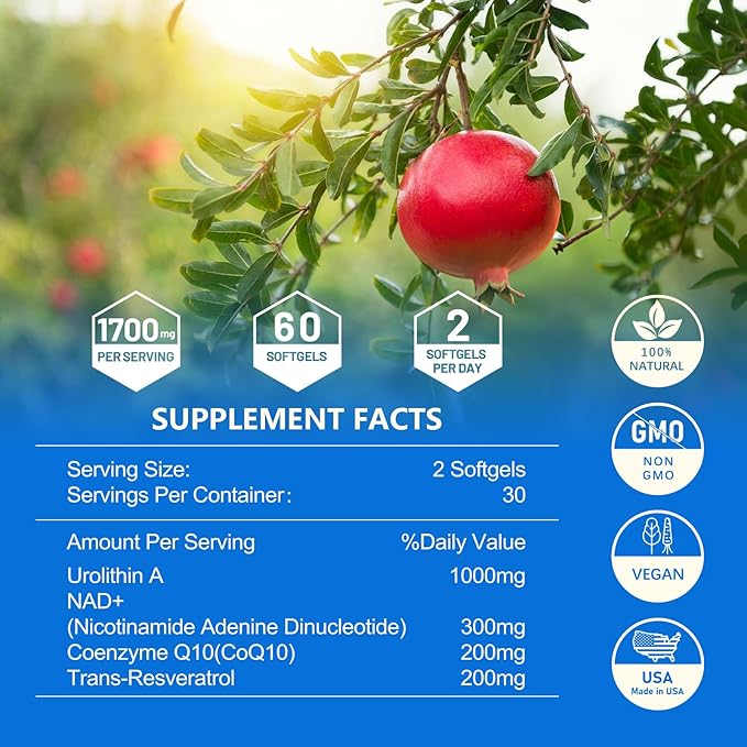 inGreens Urolithin A 1000mg with NAD+ 300mg CoQ10 200mg and Trans-Resveratrol 200mg Supplement 60 Softgels