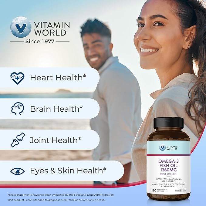 Vitamin World Triple Strength Omega 3 Fish Oil 1360 mg Supplement 950 mg Active Omega-3 Fatty Acids with EPA &amp DHA Supports Heart Brain &amp Joint Health Gluten Free 120 Softgels 4 Months S
