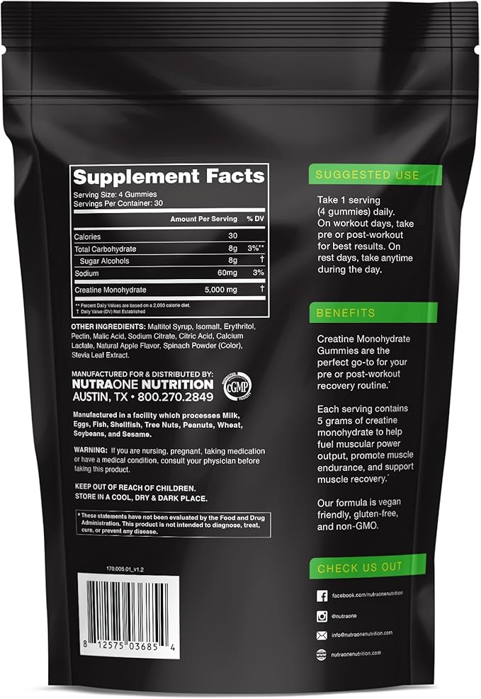 NutraOne Sugar Free Creatine Monohydrate Gummies Pre- and Post Workout Recovery Fuel Muscular Performance Increase Endurance Support Muscle Recovery (Green Apple - 30 Servings)