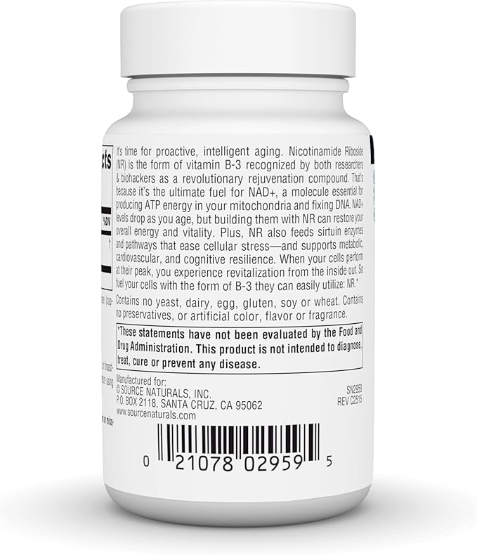 Source Naturals NR Nicotinamide Riboside Vegan Dietary Supplement for Mitochondria Healthy Aging Cells &amp Energy* Premier Fuel for NAD+ Levels 300 mg - 30 Vegan Capsules