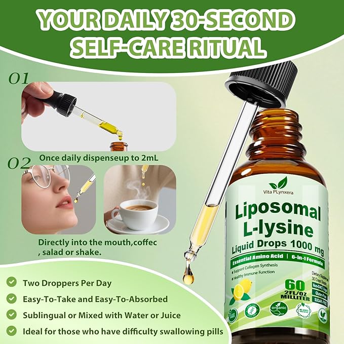 L-Lysine 1000mg Liquid Drops w. Monolaurin Olive Leaf Extract Vitamin C D3 &amp Zinc 6-in-1 Essential Amino Acid Supplement for Immune Collagen Lip &amp Oral Health Liposomal Lysine for Better Abs