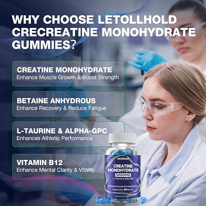 2-Pack Creatine Gummies for Women＆Men - 5g Creatine Monohydrate Gummies With L-Taurine &amp Alpha Gpc for Boost Focus Endurance Strength and Muscle Growth - Vegan Non-GMO (Blueberry 160 ct)