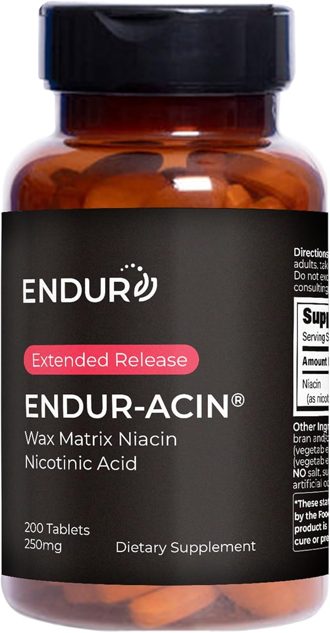 ENDUR-ACIN - Niacin B3 - ER (Extended Release) 250 mg - Nicotinic Acid - Healthy Heart &amp Cholesterol Balance Supplement - Low-Flush High-Potency Niacin with 4–8 HR Timed-Release Matrix - 200 Table