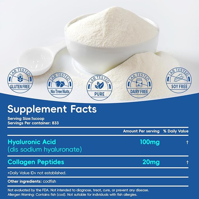 Hyaluronic Acid Powder with Collagen Peptides – DIY Hydrating Serum &amp Skincare Ingredient Clean Formula Gluten-Free No Preservatives – 100g / 3.52oz