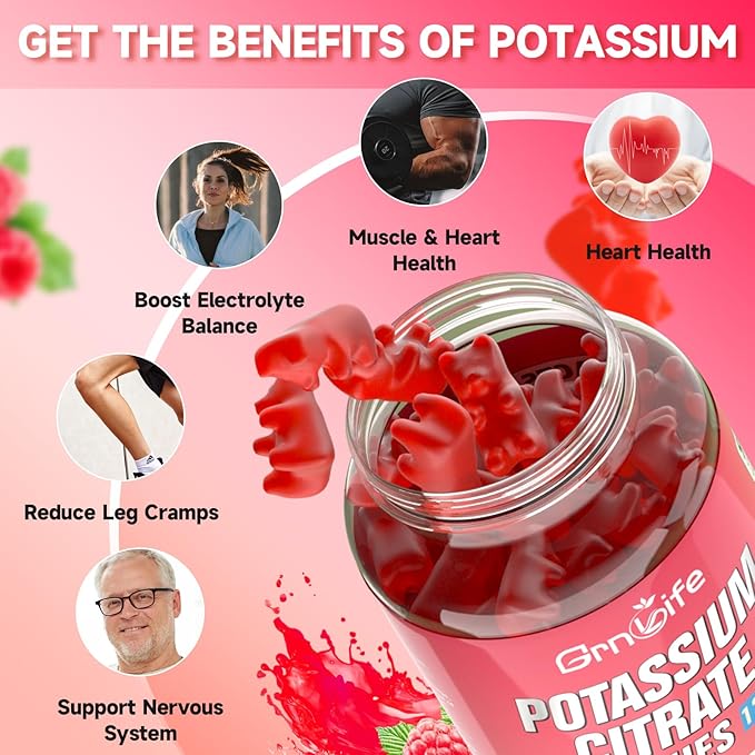 2 Pack Potassium Citrate Gummies High Potassium Supplement 1200mg Support Leg Cramps &amp Muscle Health Potassium Gummies for Adults &amp Kids Vegan Raspberry Flavor 120 Count