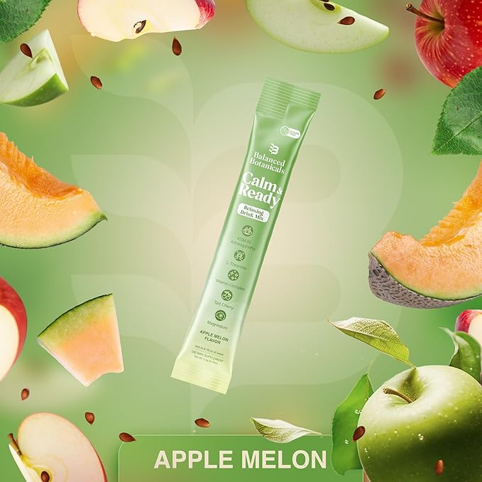 Calm and Ready Powder Drink Mix with Magnesium Glycinate Ashwagandha KSM 66 L Theanine and Tart Cherry Relaxation Support Supplement Apple Melon 20 Travel Packets