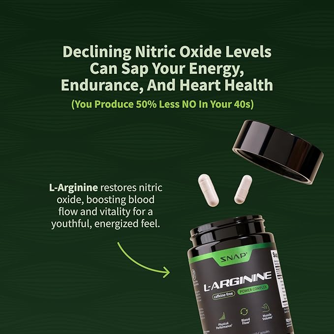 Snap Supplements L-Arginine Capsules with L-Citrulline and 3 Forms of L-Arginine to Support Healthy Circulation Nitric Oxide &amp Exercise Performance 60 Vegan Capsules (30-Day Supply)