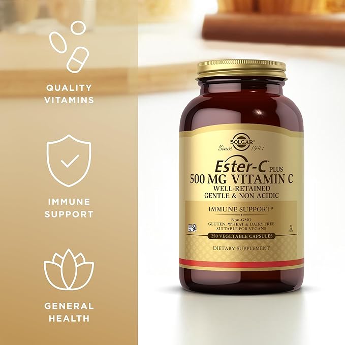 Solgar Ester-C Plus 500 mg Vitamin C (Ascorbate Complex) - 250 Vegetable Capsules - Gentle &amp Non Acidic - Antioxidant &amp Immune Support - Non GMO Vegan Gluten Free Kosher - 250 Servings