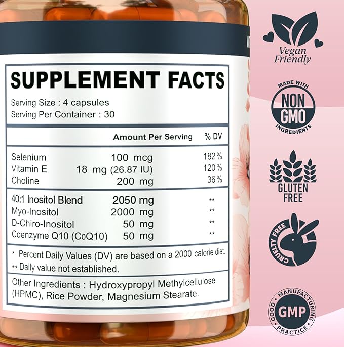 Myo-inositol &amp D-chiro Inositol Supplement for Women - Ideal 40:1 Ratio Complex for Fertility Hormonal Balance Menstrual Cycle &amp Ovarian Health Support with CoQ10 Choline &amp Selenium - 1